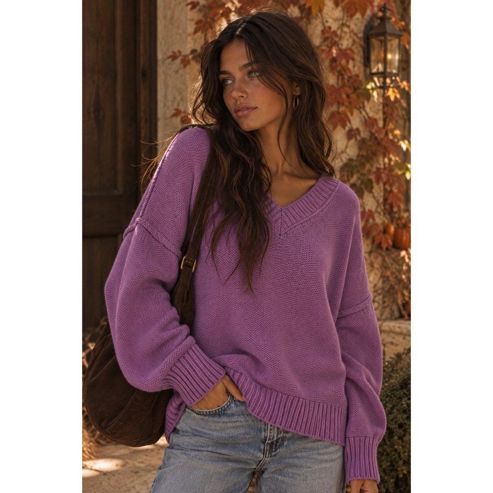 Free People Alli V-Neck Sweater Purple Oversized Knit Pullover Small